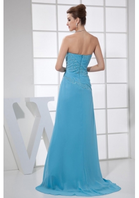 High Slit Beading Strapless Brush Train Blue Prom Dress