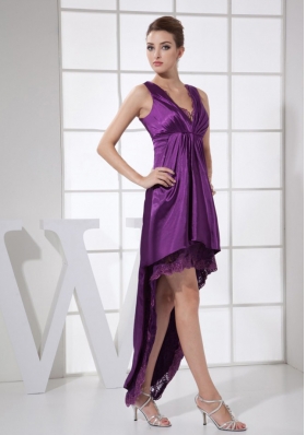 V-neck Purple and High-low Custom Made Prom Dress