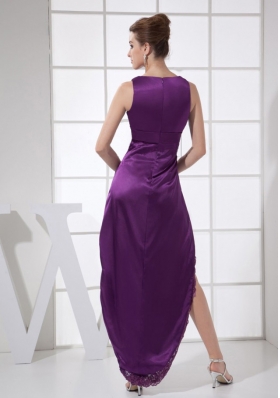 V-neck Purple and High-low Custom Made Prom Dress