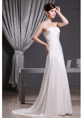 White Strapless Brush Train Prom Dress