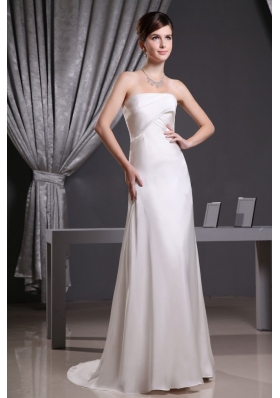 White Strapless Brush Train Prom Dress