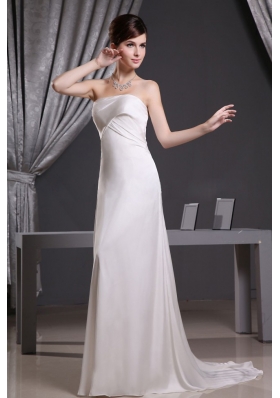 White Strapless Brush Train Prom Dress