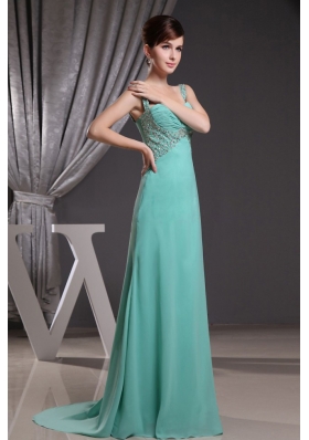 Turquoise Straps Brush Train Prom Dress with Beadng and Ruch