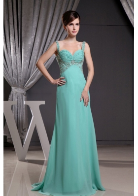 Turquoise Straps Brush Train Prom Dress with Beadng and Ruch