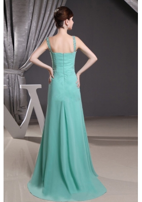 Turquoise Straps Brush Train Prom Dress with Beadng and Ruch