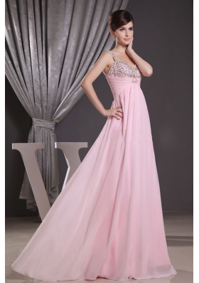 Baby Pink Straps Prom Dress with Beading Floor-length