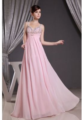 Baby Pink Straps Prom Dress with Beading Floor-length