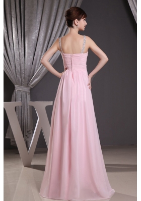 Baby Pink Straps Prom Dress with Beading Floor-length