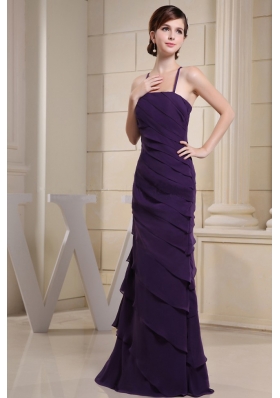 Spaghetti Straps Layered Colulm Purple Prom Evening Dress