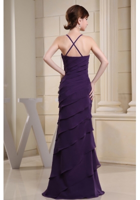 Spaghetti Straps Layered Colulm Purple Prom Evening Dress