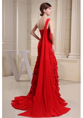 Red One Shoulder Ruched Prom Evening Dress with Ruffles