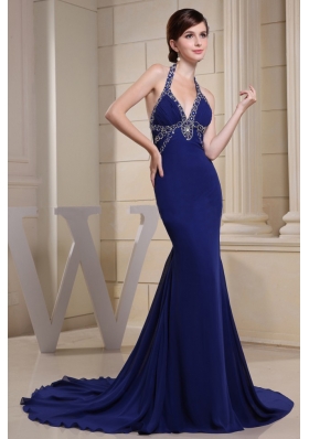 Mermaid Halter Blue Brush Prom Dress Beaded