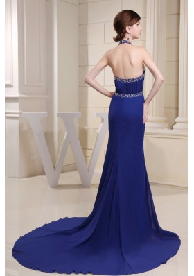 Mermaid Halter Blue Brush Prom Dress Beaded