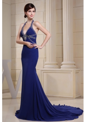 Mermaid Halter Blue Brush Prom Dress Beaded