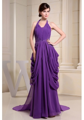Drapped Purple Prom Dress Halter Ruch Appliques
