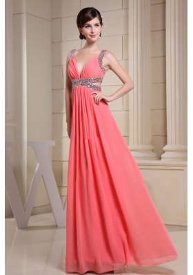 Watermelon Beading Straps Prom Dress With V-neck