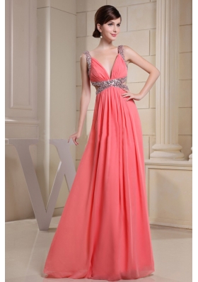 Watermelon Beading Straps Prom Dress With V-neck