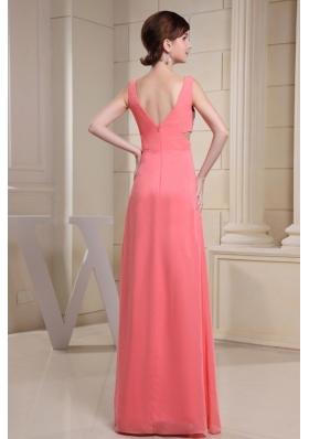 Watermelon Beading Straps Prom Dress With V-neck