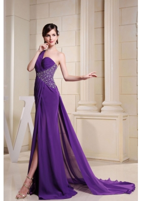 One Shoulder Front Split Beaded Prom Dress