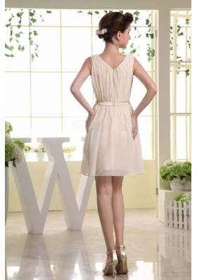 Champagne Mini-length Bateau Prom Dress With Belt