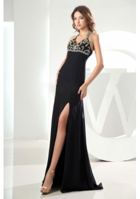 High Slit Black Halter Prom Dress with Beads