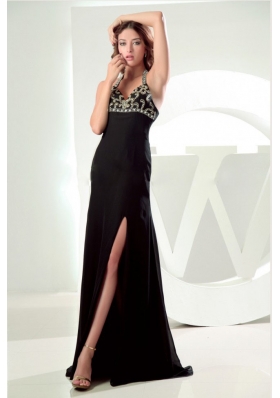 High Slit Black Halter Prom Dress with Beads