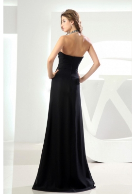 High Slit Black Halter Prom Dress with Beads