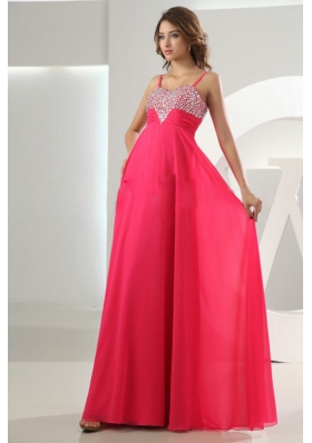 Beading Empire Chiffon Straps Prom Dress Hot Pink