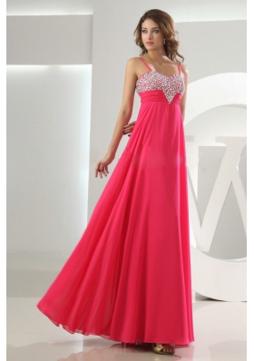 Beading Empire Chiffon Straps Prom Dress Hot Pink