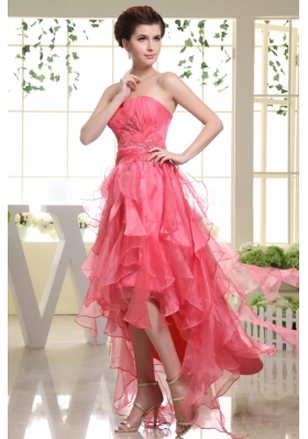 High-low Coral Red Prom Dress with Beading Rufflers