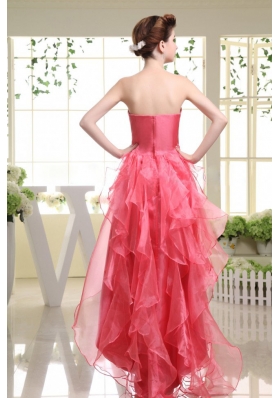 High-low Coral Red Prom Dress with Beading Rufflers