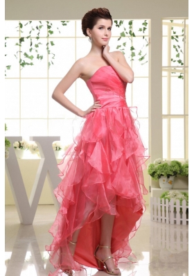 High-low Coral Red Prom Dress with Beading Rufflers