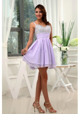 Beading Straps Chiffon Mini-length Lilac Prom Dress
