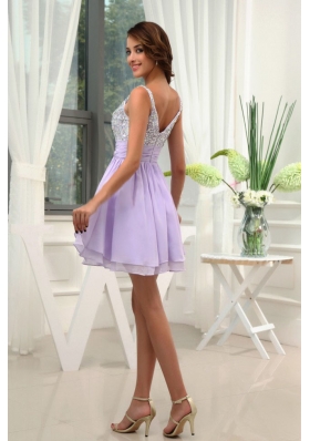 Beading Straps Chiffon Mini-length Lilac Prom Dress