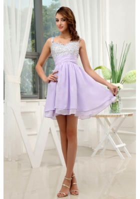 Beading Straps Chiffon Mini-length Lilac Prom Dress