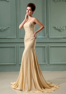 Beading Mermaid Chiffon Court Prom Dress Champagne