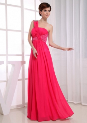 One Shoulder Beading Chiffon Coral Red Prom Dress