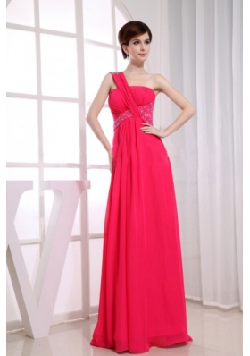 One Shoulder Beading Chiffon Coral Red Prom Dress