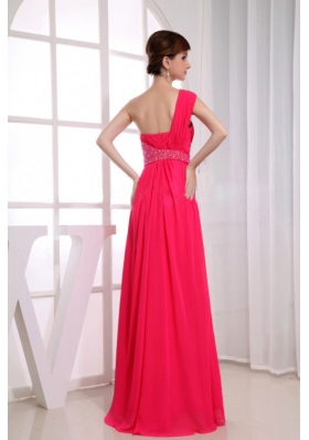 One Shoulder Beading Chiffon Coral Red Prom Dress