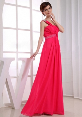 One Shoulder Beading Chiffon Coral Red Prom Dress