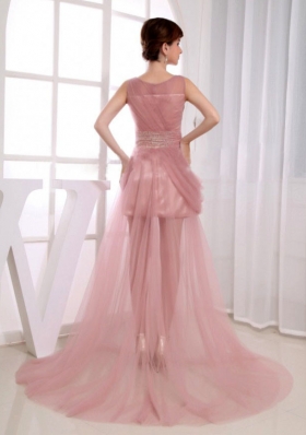 Beaded Waist Scoop Prom Dress Court Train Pink Tulle