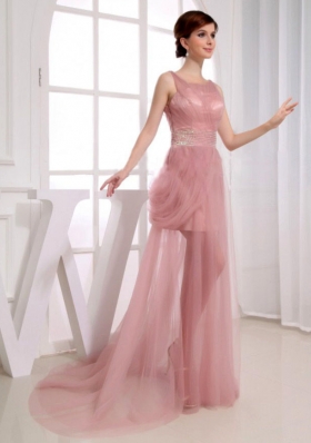 Beaded Waist Scoop Prom Dress Court Train Pink Tulle