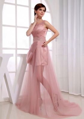 Beaded Waist Scoop Prom Dress Court Train Pink Tulle