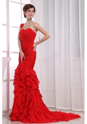 Red One Shoulder Mermaid Ruffles Watteau Prom Dress