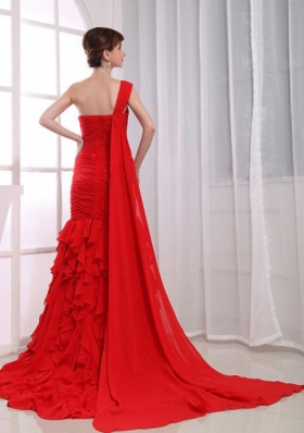 Red One Shoulder Mermaid Ruffles Watteau Prom Dress