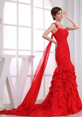 Red One Shoulder Mermaid Ruffles Watteau Prom Dress