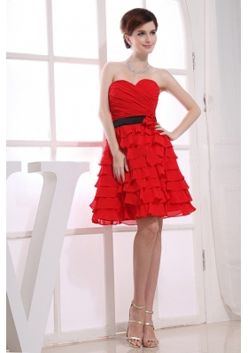 Knee-length Red Sweetheart Chiffon Prom Dress Ruffled
