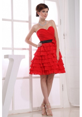 Knee-length Red Sweetheart Chiffon Prom Dress Ruffled