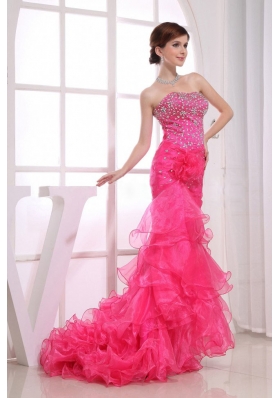 Mermaid Brush Beading Layered Prom Dress Hot Pink