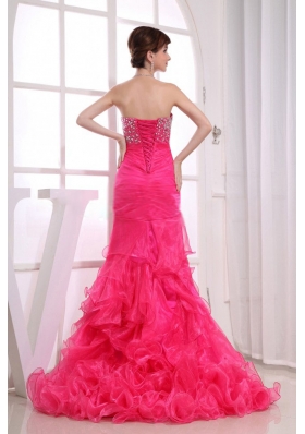 Mermaid Brush Beading Layered Prom Dress Hot Pink